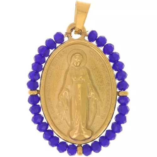 28x21mm 304L stainless steel Religious oval pendant with beads - Dark blue x1