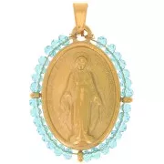 Pendentif ovale religieux 28x21 mm avec perles - Acier inox 304L Doré - Turquoise