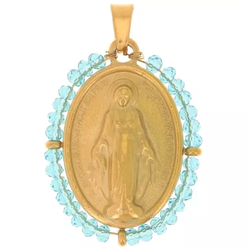 28x21mm 304L stainless steel Religious oval pendant with beads - Turquoise x1