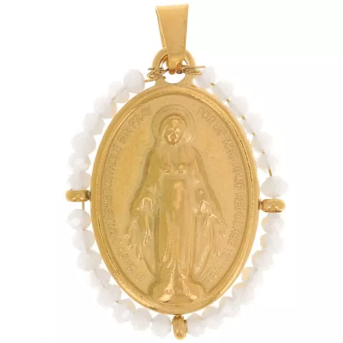 28x21mm 304L stainless steel Religious oval pendant with beads - White AB x1