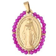 Oval religious pendant, 28.5 x 21.5 mm, with beads - Gold-Plated 304 Stainless Steel / Fuchsia