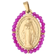 Oval religious pendant, 28.5 x 21.5 mm, with beads - Gold-Plated 304 Stainless Steel / Fuchsia