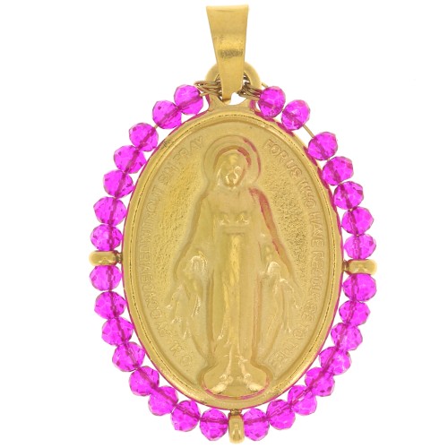 28x21mm 304L stainless steel Religious oval pendant with beads - Fuchsia x1