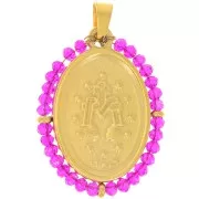 28x21mm 304L stainless steel Religious oval pendant with beads - Fuchsia x1