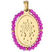 Oval religious pendant, 28.5 x 21.5 mm, with beads - Gold-Plated 304 Stainless Steel / Fuchsia