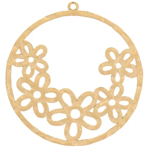 30mm Stainless steel 316L Hammered hollow circle pendant with flowers - Gold x1