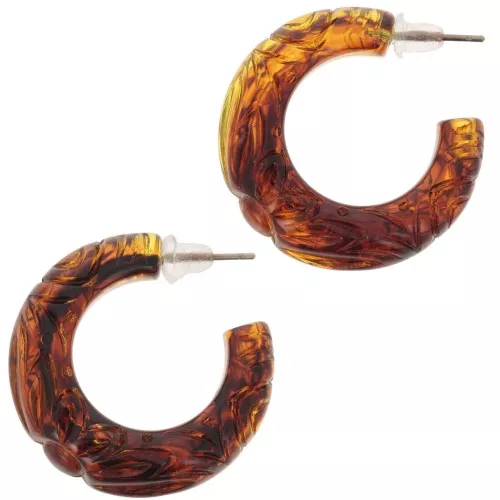 Large hoop earrings in translucent resin 30 mm - engraved flower - Marbled amber x2