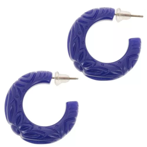 30mm Wide resin hoop earrings - engraved flower - Dark Blue x2