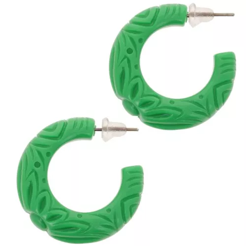 30mm Wide resin hoop earrings - engraved flower - Green x2