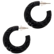 30mm Wide resin hoop earrings - engraved flower - Black x2