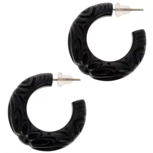 30mm Wide resin hoop earrings - engraved flower - Black x2