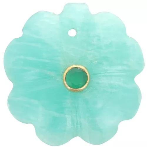21mm gemstone clover pendant - Fine gold setting - Amazonite - Green Onyx x1
