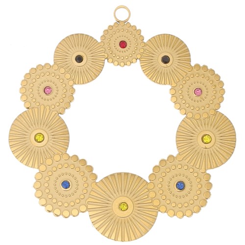 40mm Stainless steel 316L hollow Textured pendants with rhinestones - Gold x2