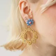 40mm Stainless steel 316L hollow Textured pendants with rhinestones - Gold x2