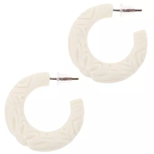 30mm Wide resin hoop earrings - engraved flower - Ecru x2