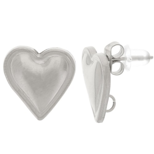 14x14mm 304L stainless steel domed heart earstuds - open ring x2