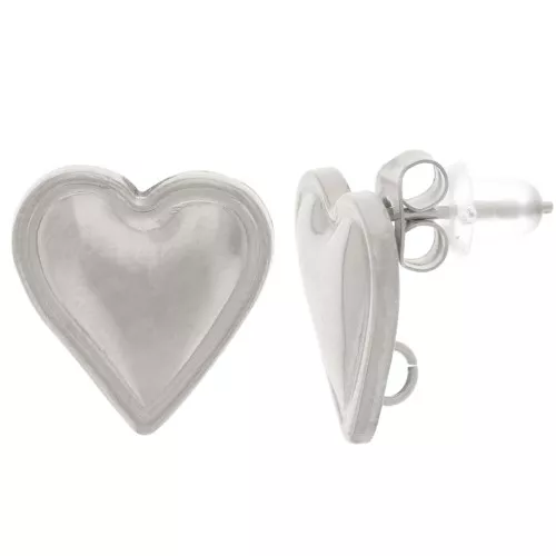 14x14mm 304L stainless steel domed heart earstuds - open ring x2
