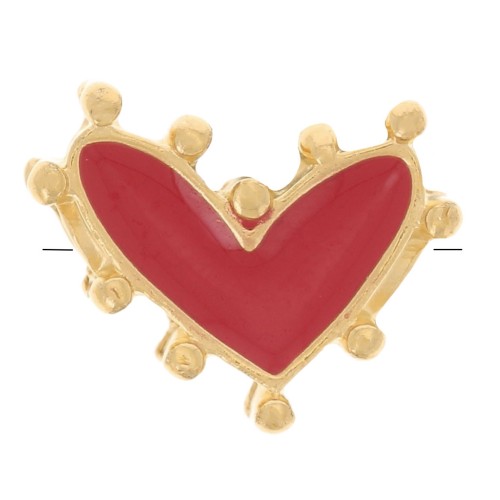 12.5x10mm Heart bead with epoxy resin - Fine Gold plated - Red x1