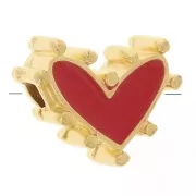 12.5x10mm Heart bead with epoxy resin - Fine Gold plated - Red x1