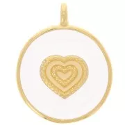 21mm Round heart pendant - Epoxy resin - Fine Gold Plated - White x1