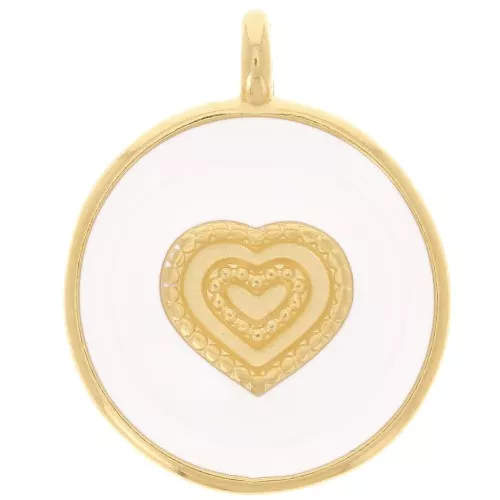 21mm Round heart pendant - Epoxy resin - Fine Gold Plated - White x1