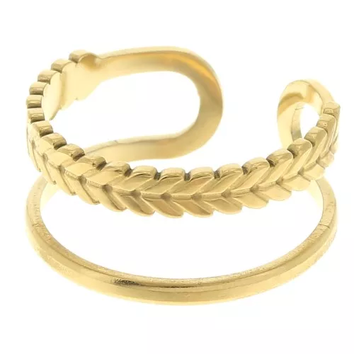 304L stainless steel Wide adjustable ring T52 to 58 - laurel leaf - gold x1