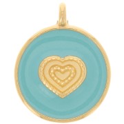 21mm Round heart pendant - Epoxy resin - Fine Gold Plated - Turquoise x1|raw }}