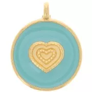 21mm Round heart pendant - Epoxy resin - Fine Gold Plated - Turquoise x1