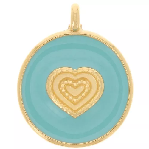 21mm Round heart pendant - Epoxy resin - Fine Gold Plated - Turquoise x1