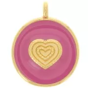 21mm Round heart pendant - Epoxy resin - Fine Gold Plated - Dark pink x1