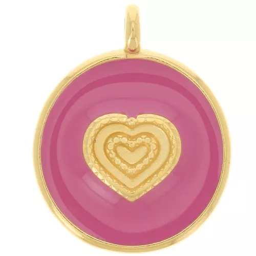 21mm Round heart pendant - Epoxy resin - Fine Gold Plated - Dark pink x1