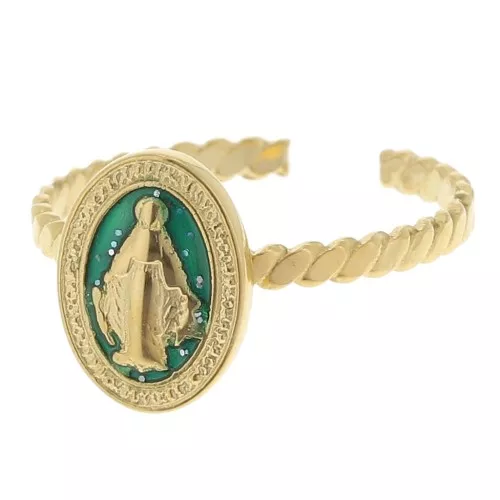304L stainless steel Adjustable religious ring S.52 to S.58 with epoxy - Green x1