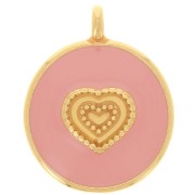 21mm Round heart pendant - Epoxy resin - Fine Gold Plated - Light pink x1