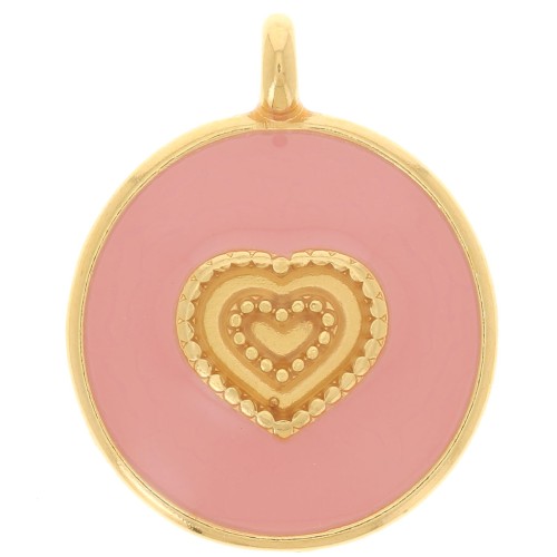 21mm Round heart pendant - Epoxy resin - Fine Gold Plated - Light pink x1