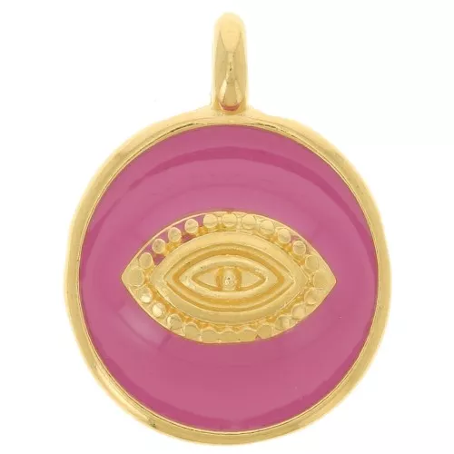 18mm Round eye pattern pendant - Epoxy resin - Fine Gold Plated - Deep pink x1
