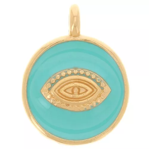 18mm Round eye pattern pendant - Epoxy resin - Fine Gold Plated - Turquoise x1