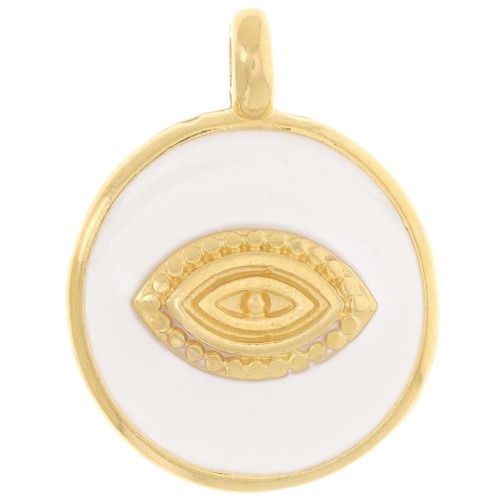 18mm Round eye pattern pendant - Epoxy resin - Fine Gold Plated - White x1
