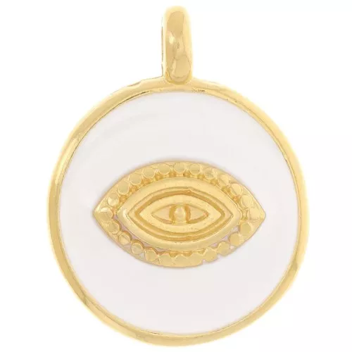 18mm Round eye pattern pendant - Epoxy resin - Fine Gold Plated - White x1