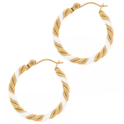 25mm 304L st. steel Twisted round hoop earrings with epoxy resin - White x2