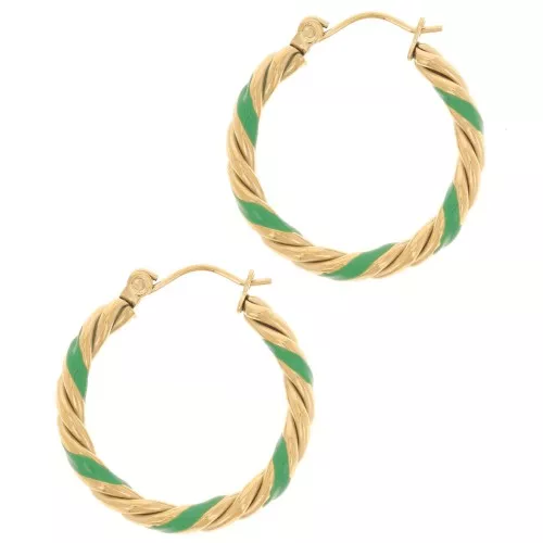25mm 304L st. steel Twisted round hoop earrings with epoxy resin - Green x2