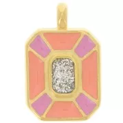 19x12mm Rectangle pendant epoxy resin - Fine Gold Plated - Pink - Salmon x1