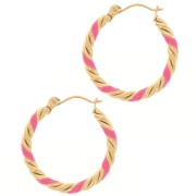 Twisted round hoop earrings 25 mm with epoxy resin - 304L Gold stainless steel - Pink x2