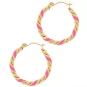 Twisted round hoop earrings 25 mm with epoxy resin - 304L Gold stainless steel - Pink x2