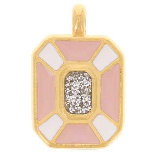19x12mm Rectangle pendant epoxy resin - Fine Gold Plated - Light pink - White x1
