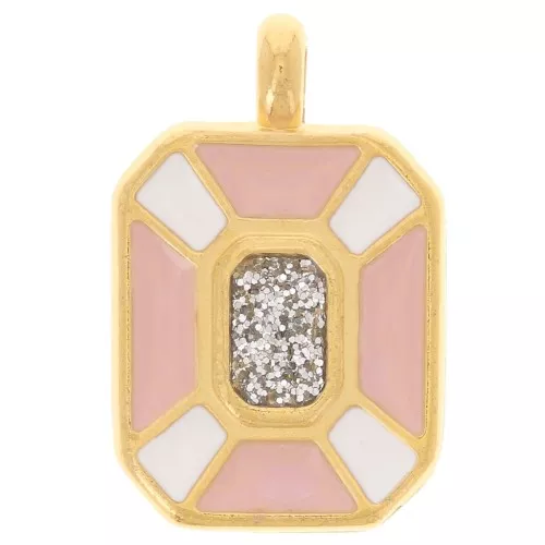 19x12mm Rectangle pendant epoxy resin - Fine Gold Plated - Light pink - White x1