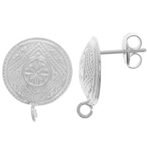 14mm Ethnic round earstuds - open loop - Silver plating x2