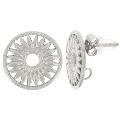 15mm 304L stainless steel Round earstuds - openwork flower pattern x2