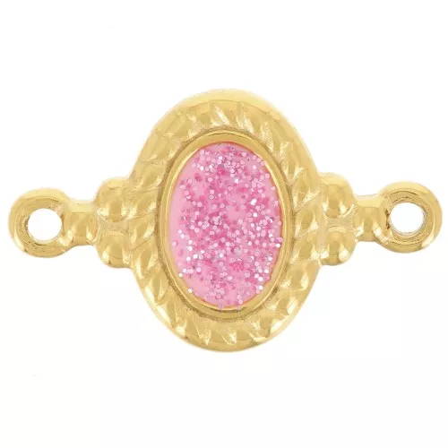 22x13mm 304L stainless steel Oval spacer epoxy resin - Pink glitter - gold x1