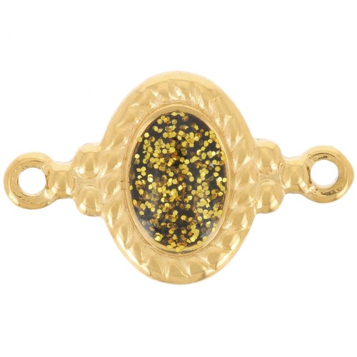 22x13mm 304L stainless steel Oval spacer epoxy resin - Green glitter - Gold x1