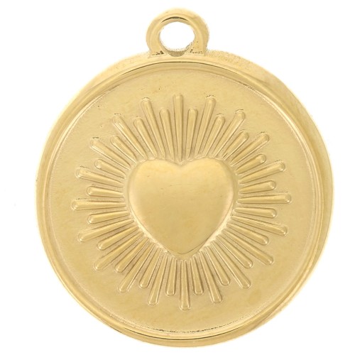 18 mm Round Pendant - Heart Pattern - Gold-Plated 304 Stainless Steel x1